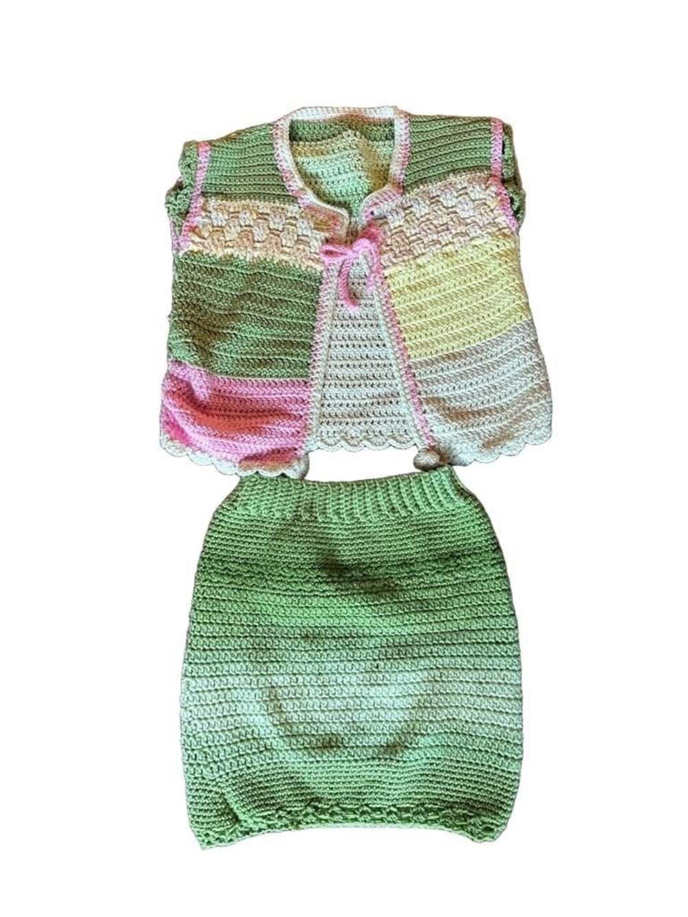 🌸💚Handmade Crochet Multicolor Pastels Cardigan Sweater and skirt set Size Smal